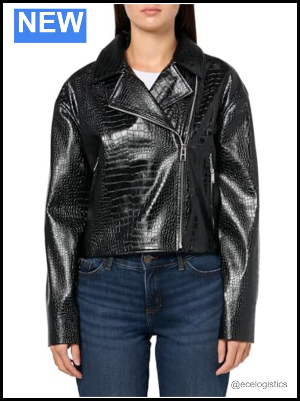 BOSS Textured Leather Cropped Jacket with Notch Collar and Zipper